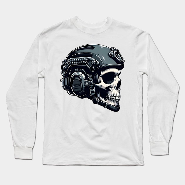 Tactical Skull Dominance Tee: Where Strength Meets Edgy Elegance Long Sleeve T-Shirt by Rawlifegraphic